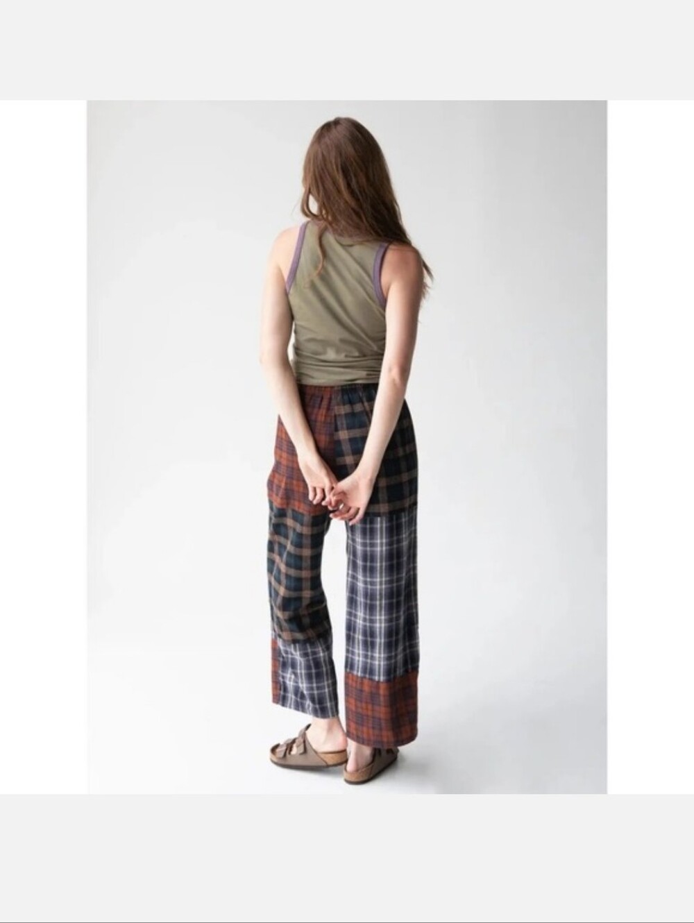 Natural Life Devon Patchwork Plaid Pants Brown Navy Multi Flannel Wide Leg Large - Picture 2 of 7